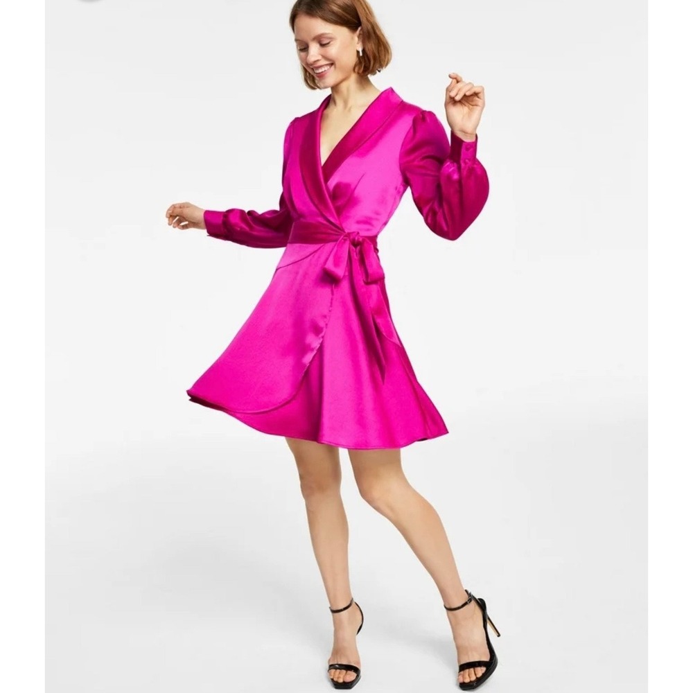 NWT Vince Camuto Sz 10 Satin Shawl Collar Puff Sleeve Wrap Dress Fuscia Cocktail